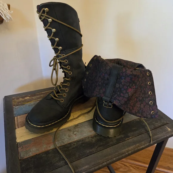 Dr. Martens Black Combat Boots with Floral Lining - Picture 1 of 6